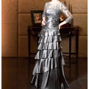 JADE Couture taffeta mesh embroidered layered elegant evening gray gown Size 2